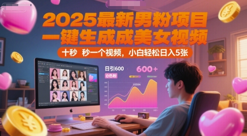 2025最新男粉项目，一键生成美女视频，日引600+色粉 十秒一个视频，小白轻松日入5张【揭秘】-吾爱自习网