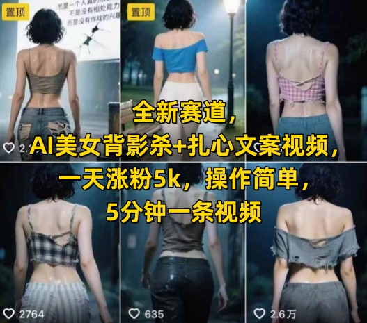 全新赛道，AI美女背影杀+扎心文案视频，一天涨粉5k，操作简单，5分钟一条视频-吾爱自习网