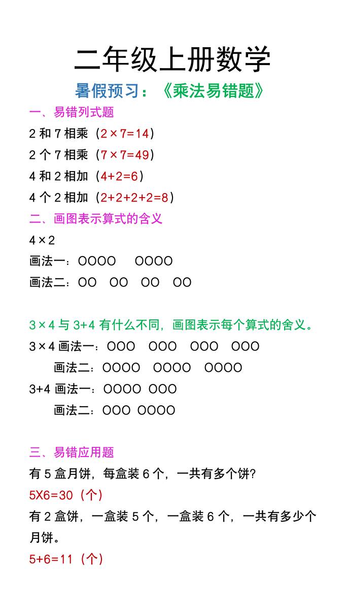 二年级上册数学暑假预习《乘法易错题》-吾爱自习网