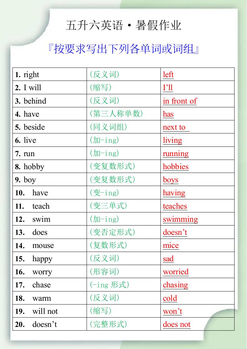 五升六英语暑假作业之按要求写出下列各单词或词组-六上英语-吾爱自习网