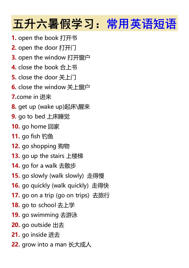五升六暑假学习：常用英语短语-六上英语-吾爱自习网