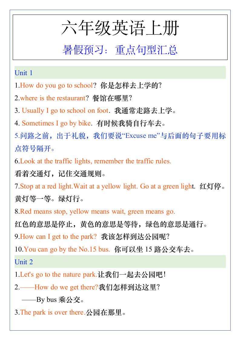 五升六年级英语上册暑假预习：重点句型汇总-六上英语-吾爱自习网