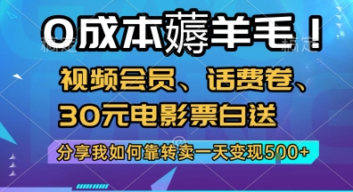 0成本薅羊毛!视频会员、话费卷、30元电影票白送，分享我如何靠转卖一天变现5张+【揭秘】-吾爱自习网