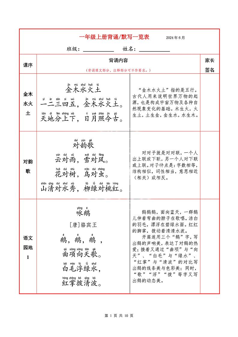一上语文必背内容+默写表-吾爱自习网