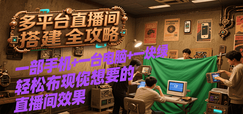 多平台直播间搭建全攻略，一部手机+一台电脑+一块绿布轻松实现你想要的直播间效果-吾爱自习网