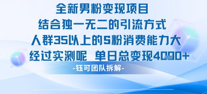 全新男粉变现项目引流人群35以上的男粉消费能力大 经过实测单日变现1k+-吾爱自习网