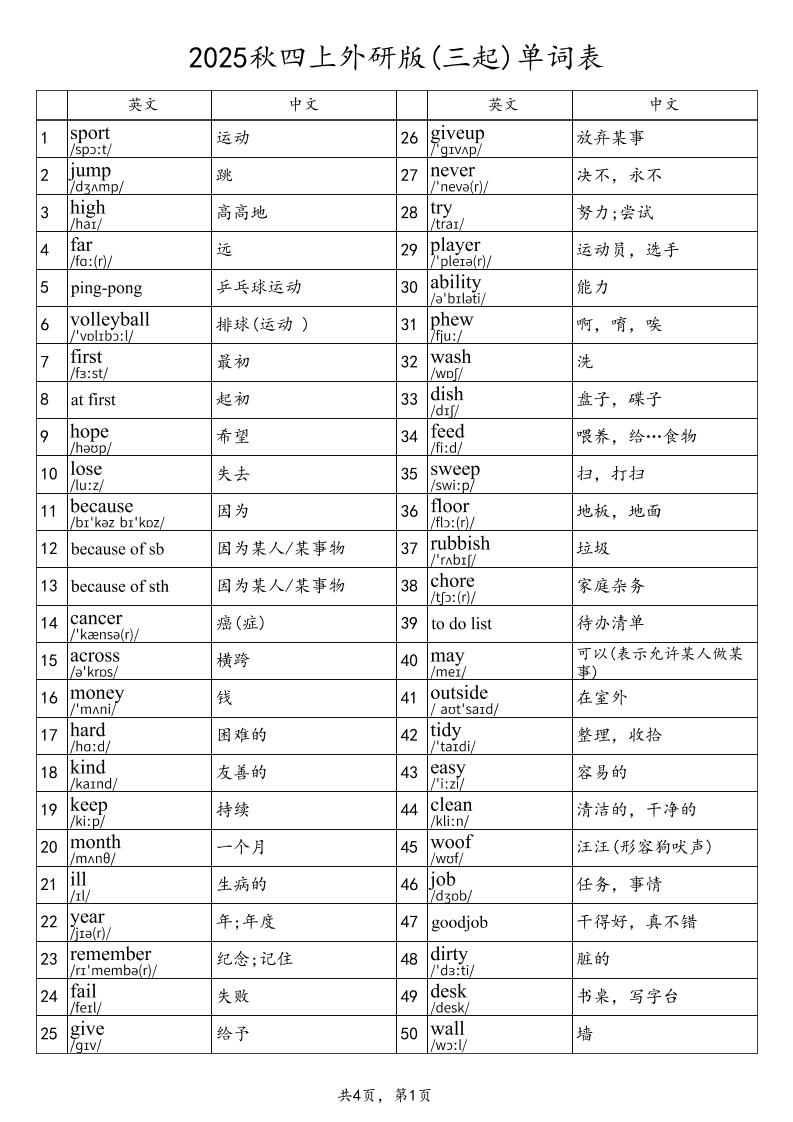 2025秋四上英语外研版(三起)单词表-吾爱自习网