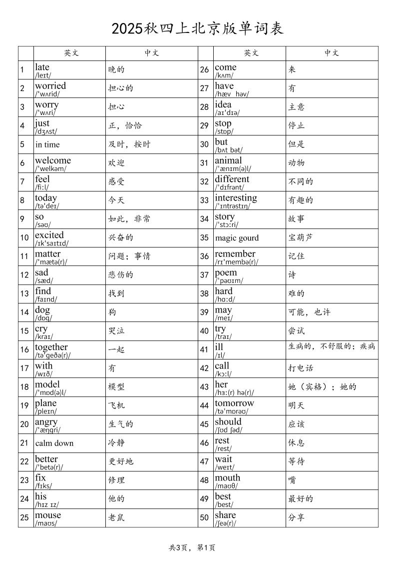 2025秋四上英语北京版单词表-吾爱自习网