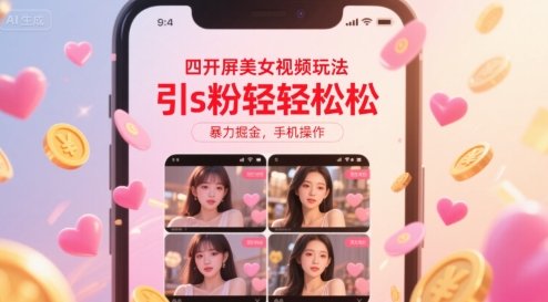 四开屏美女视频玩法，引s粉轻轻松松，暴力掘金，手机操作【揭秘】-吾爱自习网