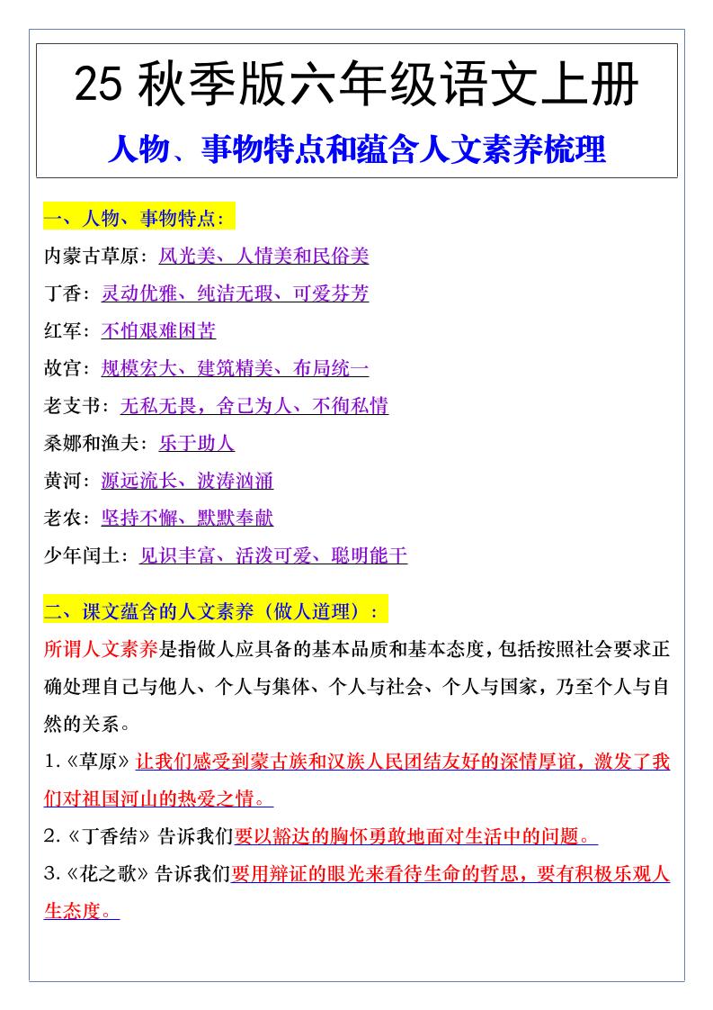 【2025秋新版】六年级语文上册人物、事物特点和蕴含人文素养梳理-吾爱自习网