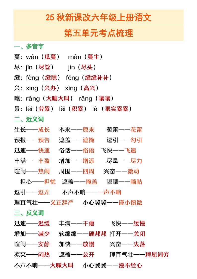 【2025秋新版】六年级上册语文第五单元重点考点梳理-吾爱自习网