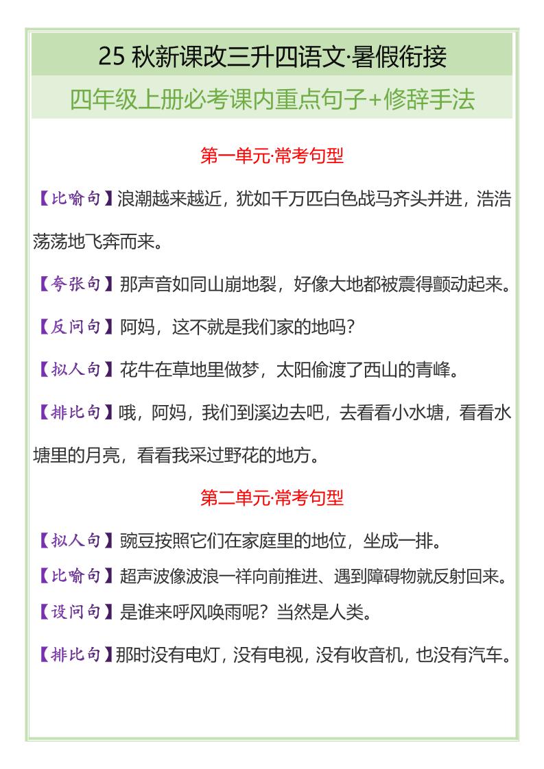 【2025秋新版】四年级上册语文必考课内重点句子+修辞手法-吾爱自习网