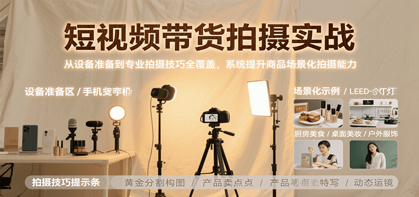 短视频带货拍摄实战，从设备准备到专业拍摄技巧全覆盖，系统提升商品场景化拍摄能力-吾爱自习网