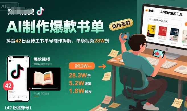 AI制作爆款书单，抖音42粉丝博主书单号制作拆解，单条视频28W赞-吾爱自习网