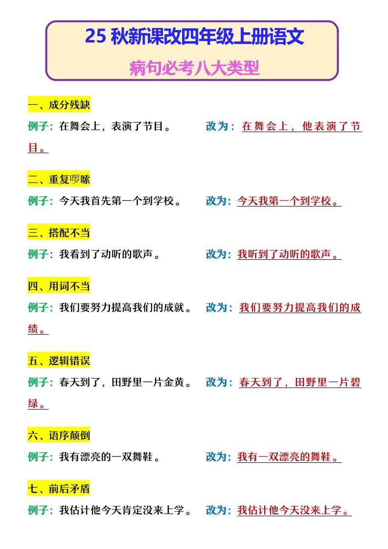 【2025秋新版】四年级上册语文病句必考八大类型-吾爱自习网