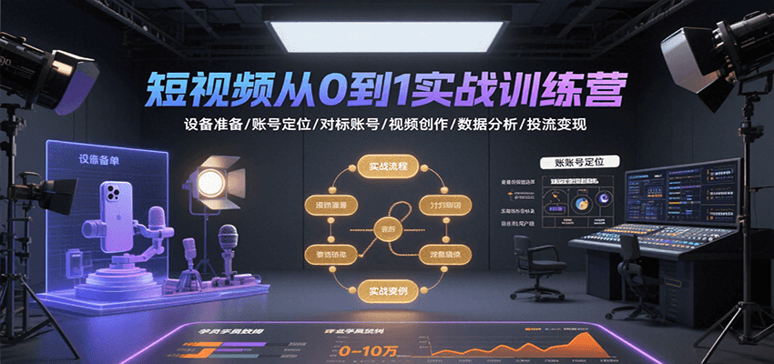 短视频从0到1实战训练营：设备准备/账号定位/对标账号/视频创作/数据分析/投流变现-吾爱自习网