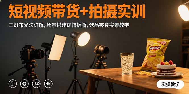 短视频带货+拍摄实训：三灯布光法详解,场景搭建逻辑拆解,饮品零食实景教学-吾爱自习网