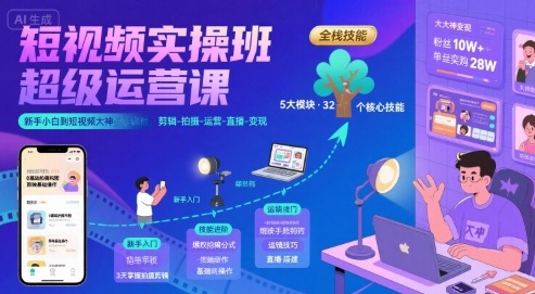 短视频实操班超级运营课，新手小白到短视频大神必修课程，剪辑-拍摄-运营-直播-变现-吾爱自习网