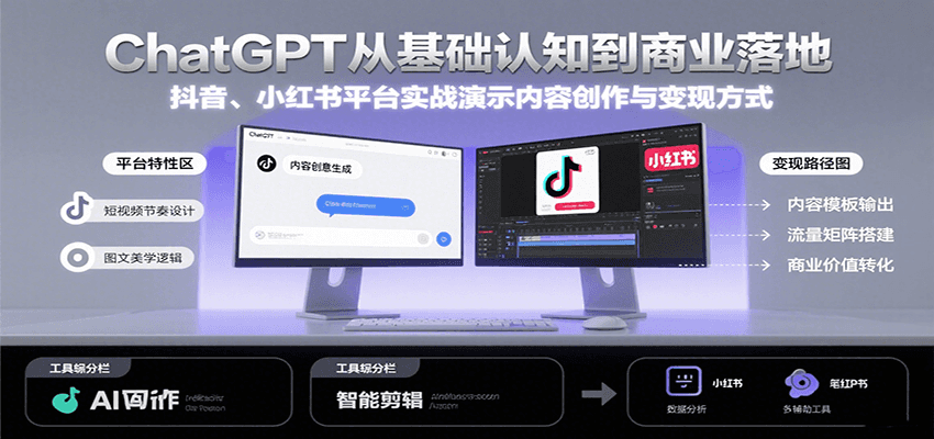 ChatGPT从基础认知到商业落地，实战演示抖音、小红书等平台的内容创作与变现-吾爱自习网
