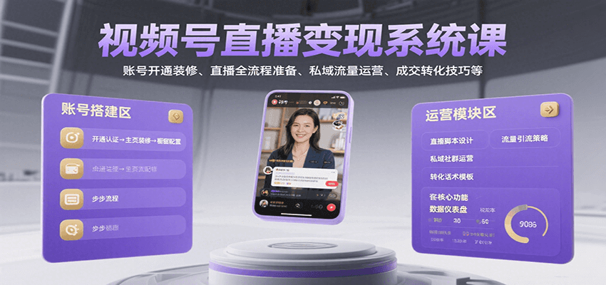 视频号直播变现系统课,账号开通装修、直播全流程准备、私域流量运营、成交转化技巧等-吾爱自习网