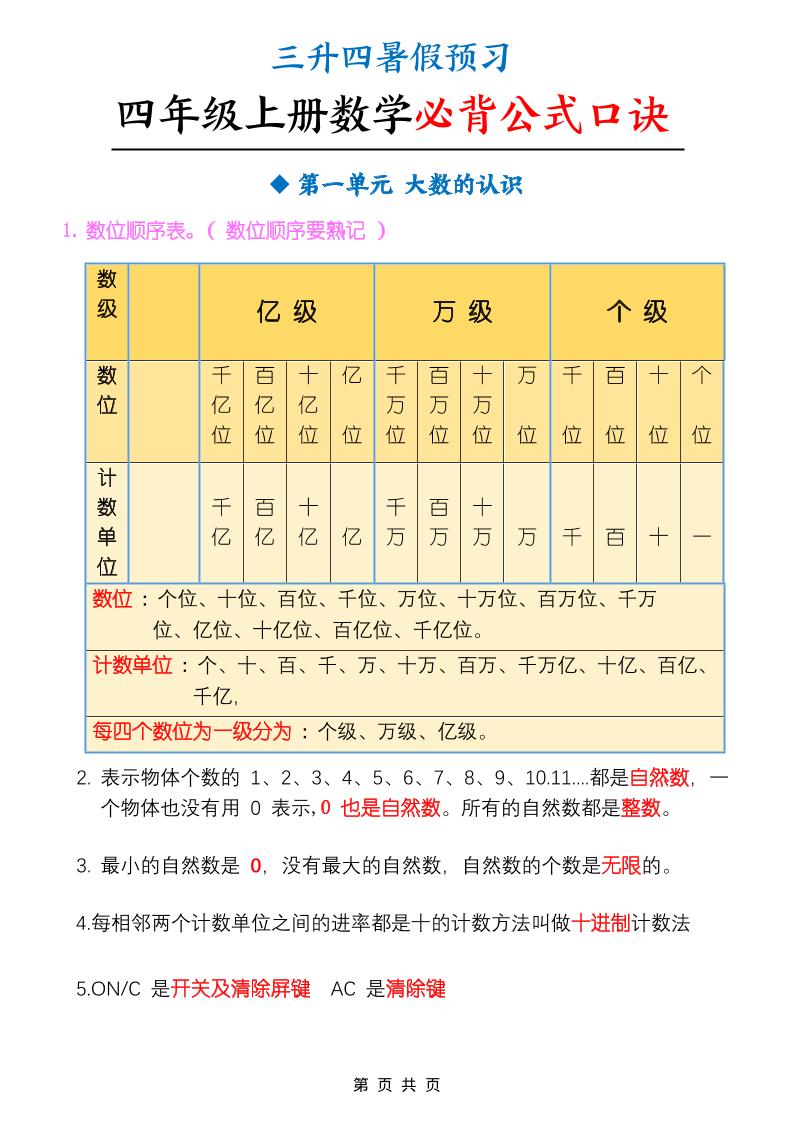 三升四暑假预习四上数学必背公式口诀（9页）-四上数学-吾爱自习网