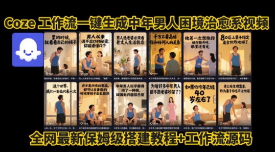 coze工作流一键生成”中年男人困境扎心高涨粉高播放量图文视频”保姆级拆解教程，无需剪辑，无需拍摄写文案-吾爱自习网