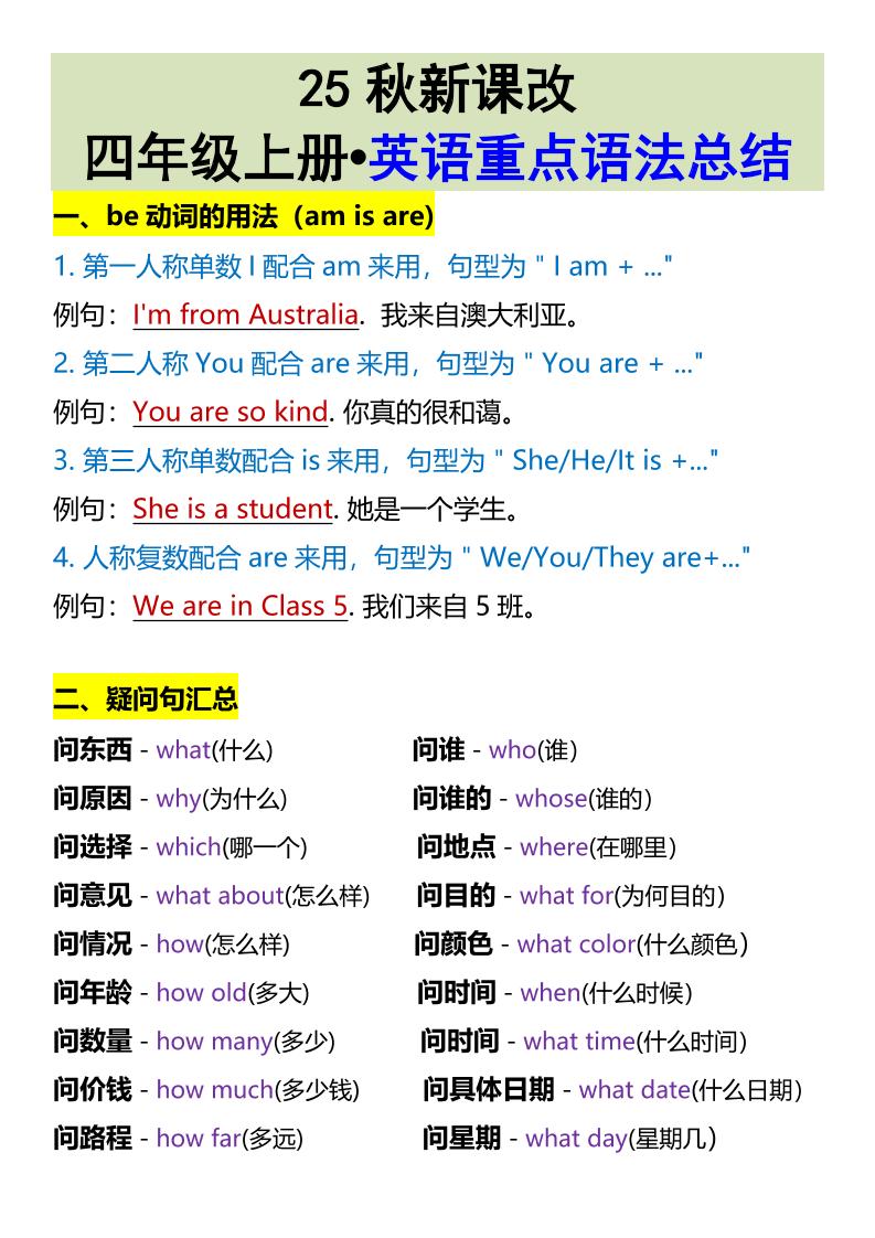 【2025秋新版】四年级上册•英语重点语法总结-吾爱自习网