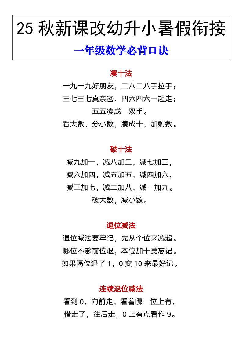 【2025秋新版】幼升小暑假衔接一年级数学必背口诀-一上数学-吾爱自习网