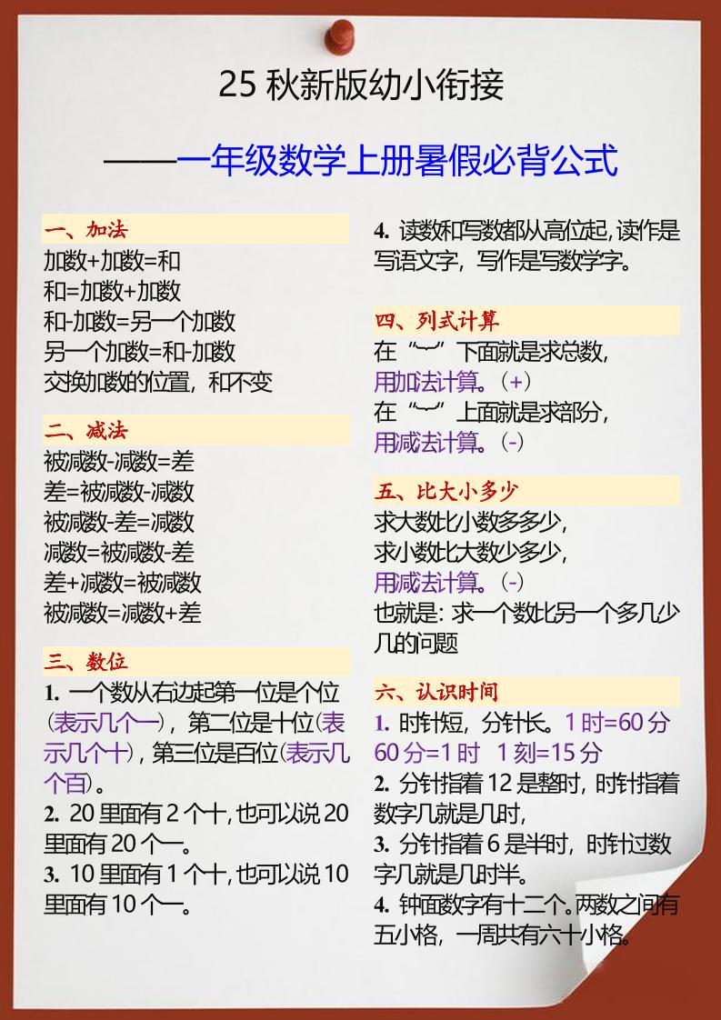 【2025秋新版】幼小衔接一年级数学上册暑假必背公式-吾爱自习网