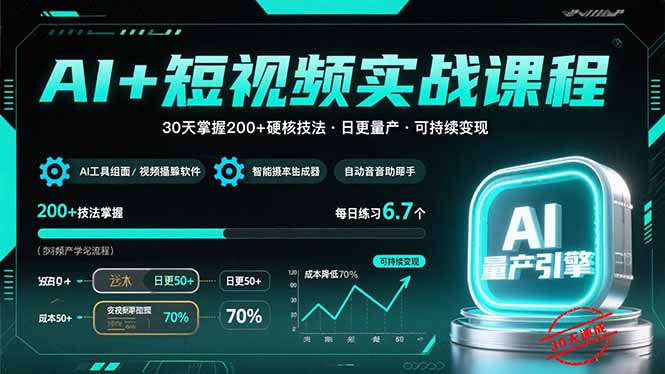 AI+短视频实战课程：30天掌握200+硬核技法，实现日更量产可持续变现-吾爱自习网