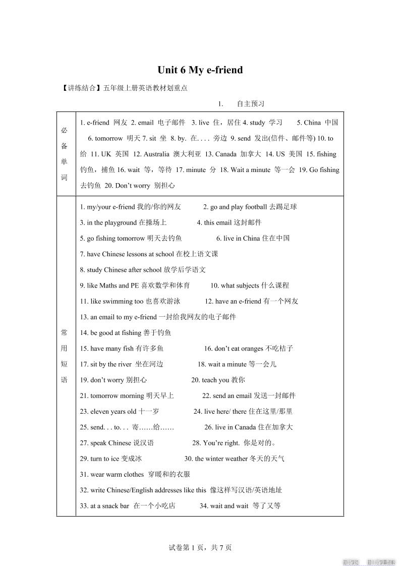 【单元热点难点】译林版（三起）英语五年级上册Unit6Mye-friend教材划重点-吾爱自习网