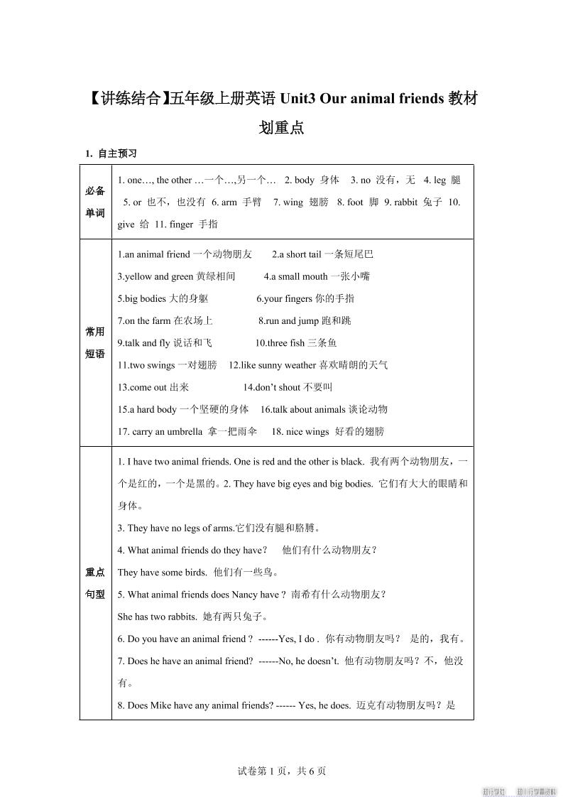 【单元热点难点】译林版（三起）英语五年级上册Unit3Ouranimalfriends教材划重点-吾爱自习网
