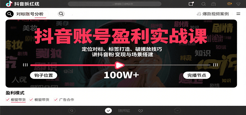 抖音账号盈利实战课，定位对标、标签打造、破播放技巧，讲涨粉变现与场景搭建-吾爱自习网