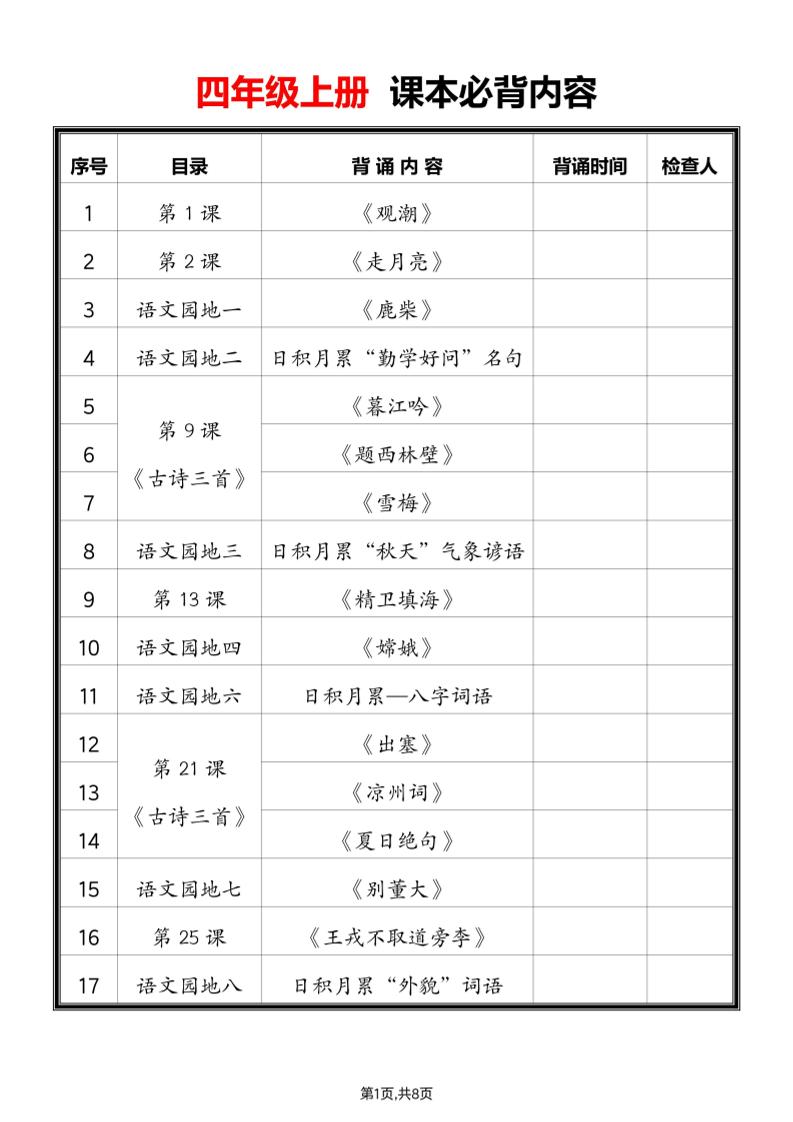 2025四上语文必背课文内容汇总-吾爱自习网