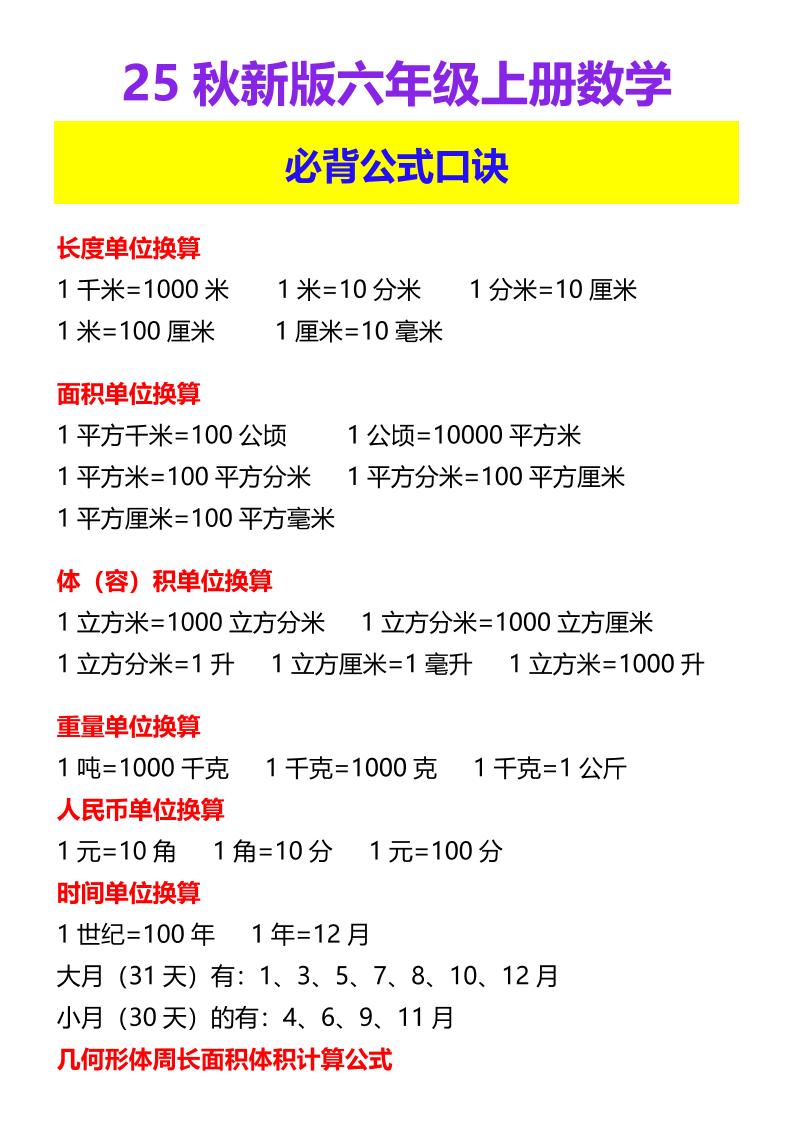 【2025秋新版】六年级上册数学必背公式口诀-吾爱自习网