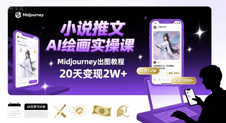 小说推文干货分享之AI绘画MJ出图实操课，用Midjourney做小说推文，20天挣2w-吾爱自习网