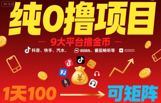 纯0撸项目，9大平台撸金币，抖音，快手，汽水，番茄畅听等，1天100，可矩阵-吾爱自习网