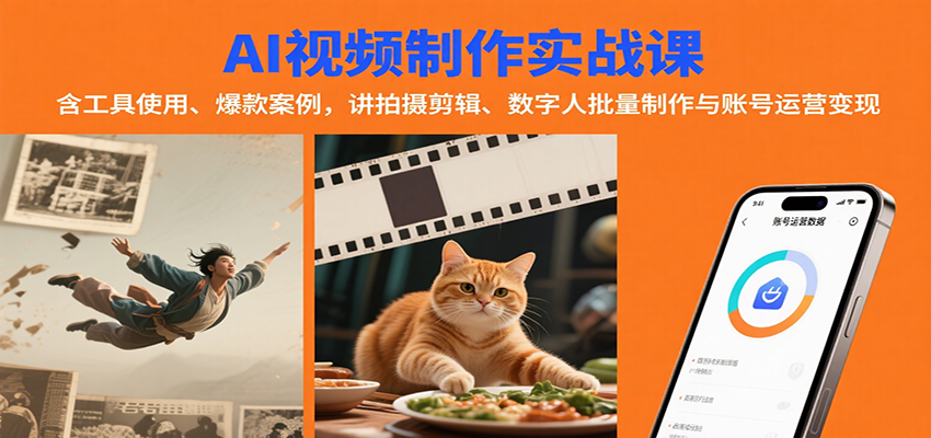 AI视频制作实战：含工具使用、爆款案例，讲拍摄剪辑、数字人批量制作与账号运营变现-吾爱自习网