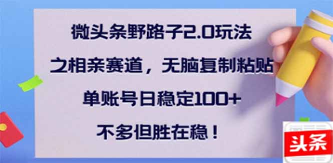 微头条野路子2.0玩法之相亲赛道，无脑搬砖复制粘贴，单账号日稳定300+…-吾爱自习网