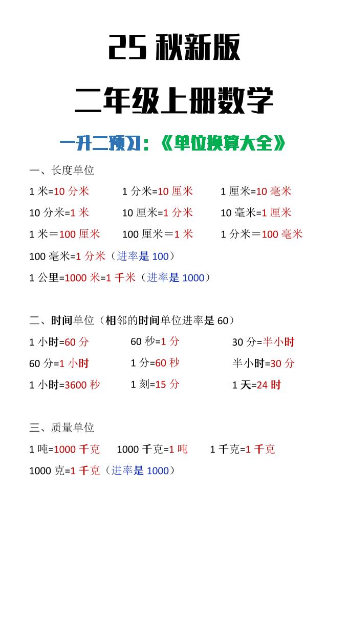 【2025秋新版】二年级上册数学单位换算大全-吾爱自习网