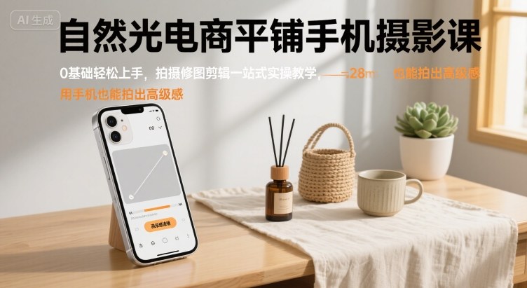 自然光电商平铺手机摄影课,0基础轻松上手,拍摄修图剪辑一站式实操教学,用手机也能拍出高级感-吾爱自习网