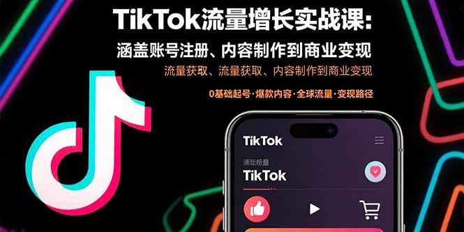 TikTok流量增长实战课：涵盖账号注册、流量获取、内容制作到商业变现-吾爱自习网
