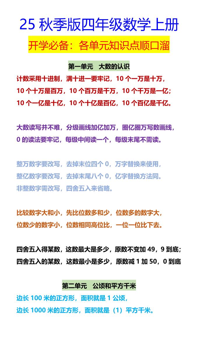 【2025秋新版】四年级数学上册开学必备：各单元知识点顺口溜-吾爱自习网
