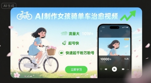 AI制作女孩骑单车治愈视频，流量大，起号快，快速起千粉万粉号-吾爱自习网