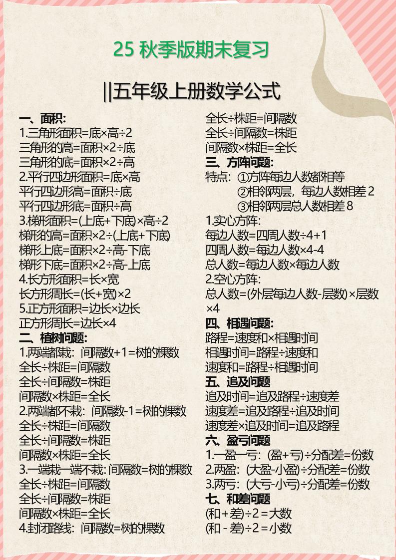 【2025秋新版】五年级上册必备数学公式-吾爱自习网