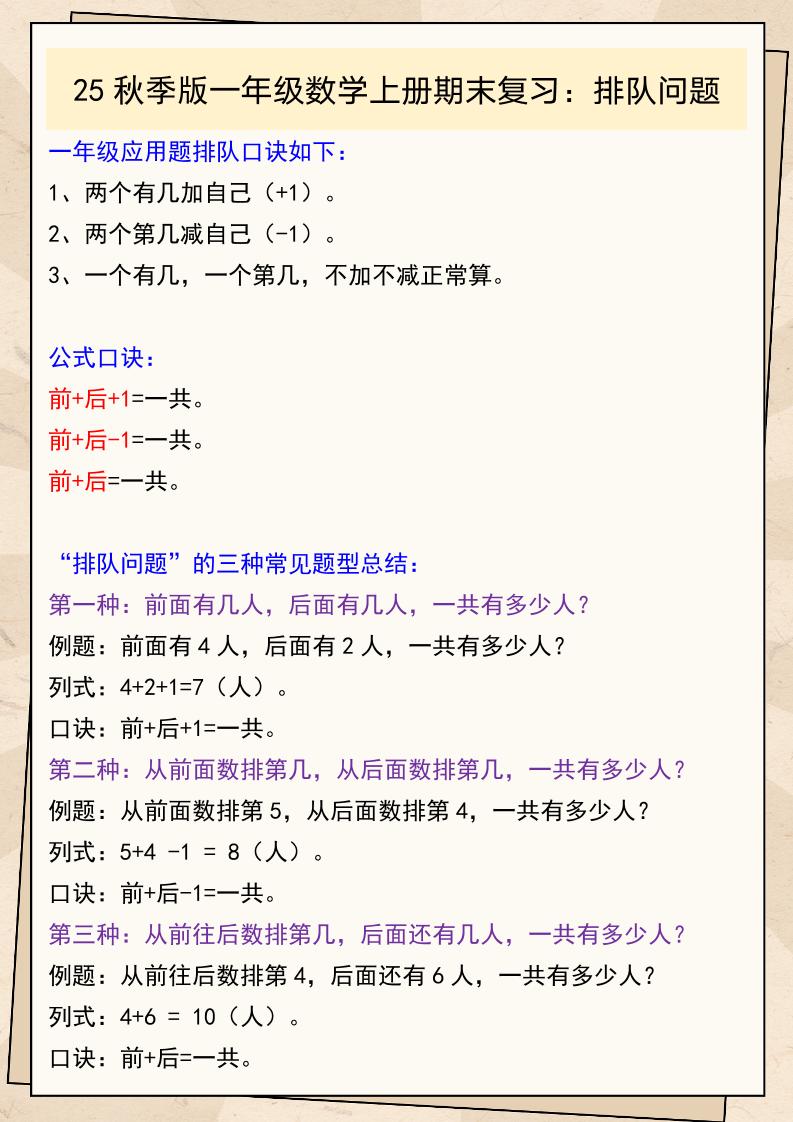 【2025秋新版】一年级数学上册期末复习：排队问题-吾爱自习网
