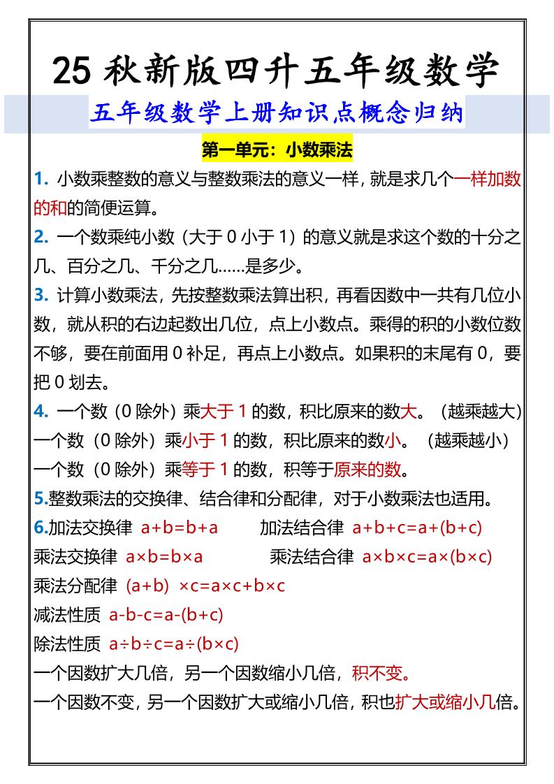 【2025秋新版】五年级数学上册知识点概念归纳-吾爱自习网