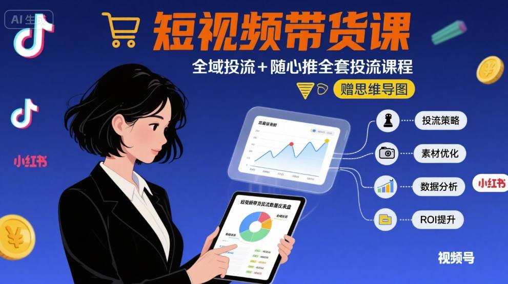 最新短视频带货课，全域投流+随心推全套投流课程+思维导图-吾爱自习网
