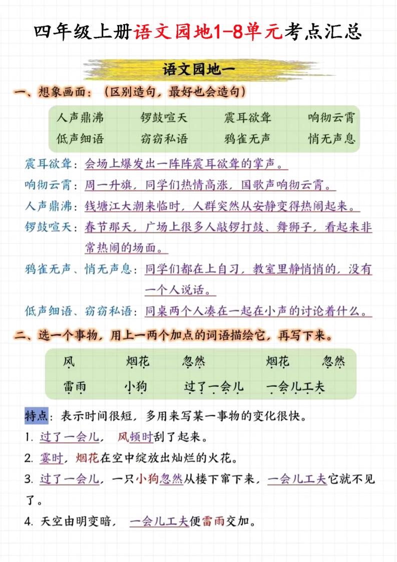 四上语文园地1-8单元考点汇总（15页）-吾爱自习网