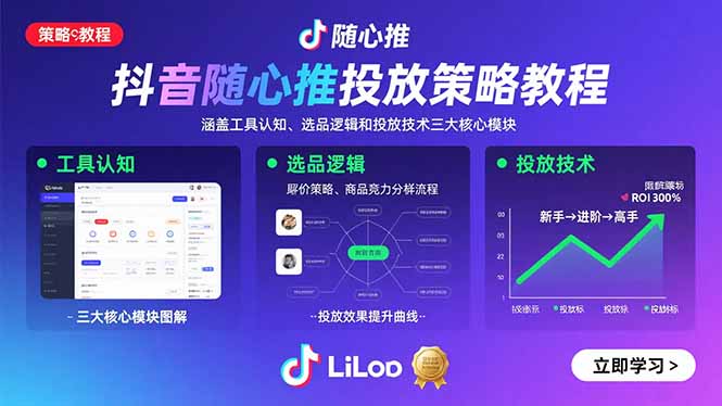 抖音随心推投放策略教程：涵盖工具认知、选品逻辑和投放技术三大核心模块-吾爱自习网